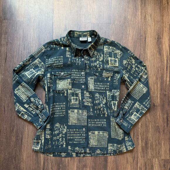 Chico’s Design Script Print Linen Blend Shirt Button Front Women’s XL 16 - Picture 1 of 10